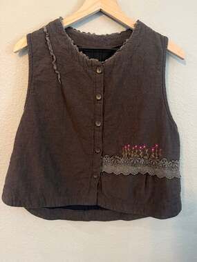 Brown Floral Embroidered Cotton Vest Lace Trim Mori Kei Cottagecore Lagenlook